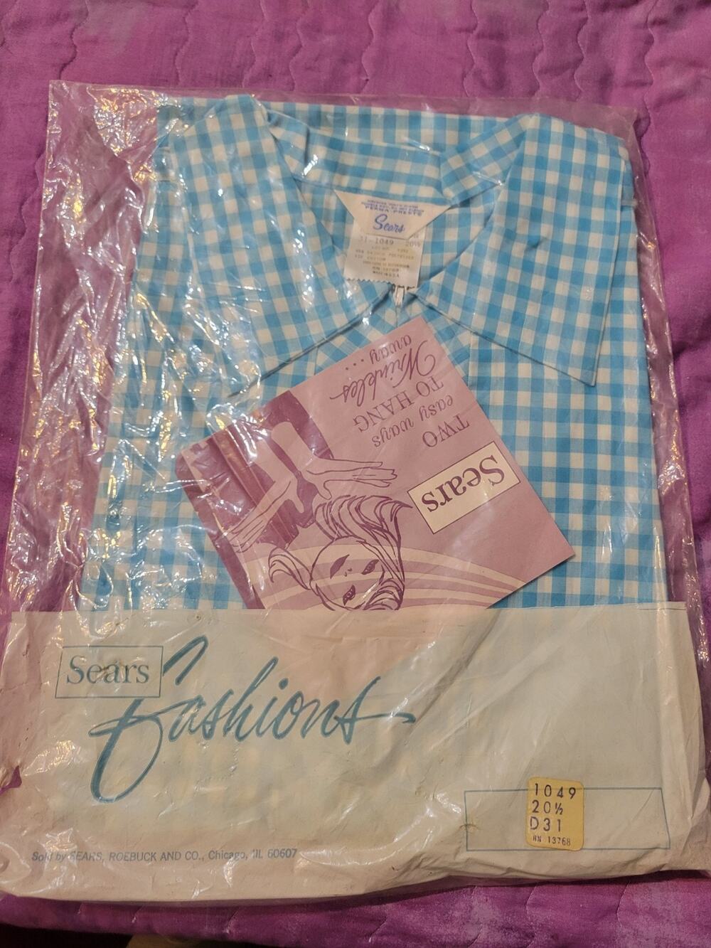 Vintage Sears New Sealed Perma Prest 31-1049 Blue Checkered Size 20 1/2...